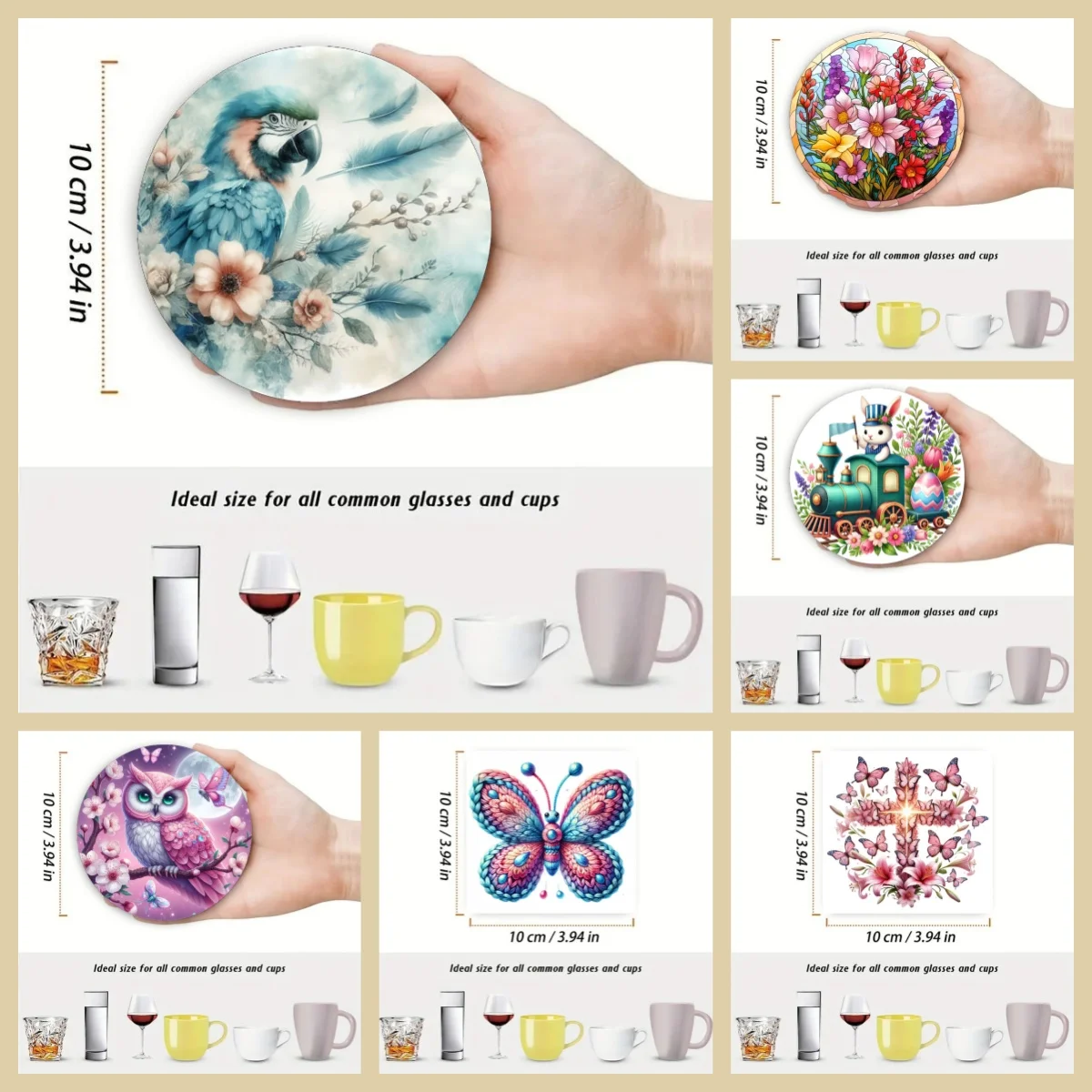 4 anti-slip and heat-insulating wooden coasters with animal/floral patterns, suitable for kitchen and office festival gifts
