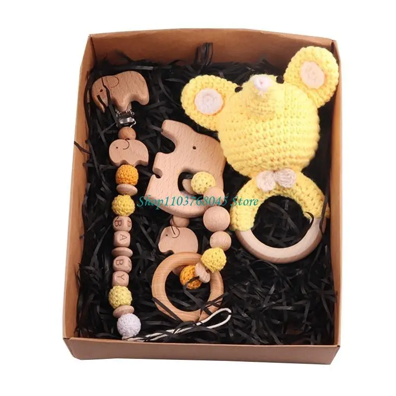 R53F 3x Baby Wooden Teethers Rattle Bracelets Teething Rings for Baby Boys Girls