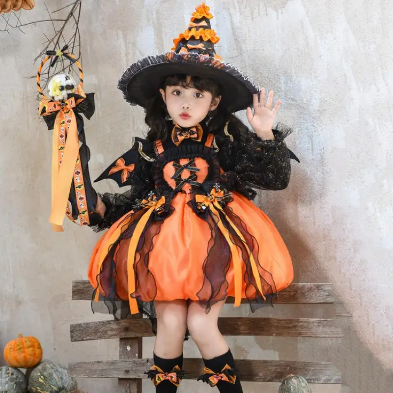 Girls Halloween Witch Lolita Dress Kids Pumpkin Gothic Bubble Skirt Children Cosplay Costume Carnival Masquerade Party Gift