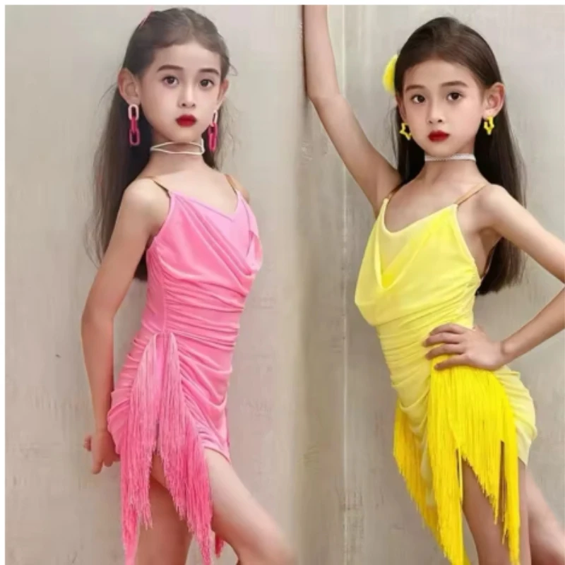 Kinder-Latin-Tanzkleid mit Neckholder für Mädchen, Kostüm für Chacha, Samba, Rumba, Wettbewerb, Quastenrock, Kinder-Bühnenauftritts-Tanzkleidung