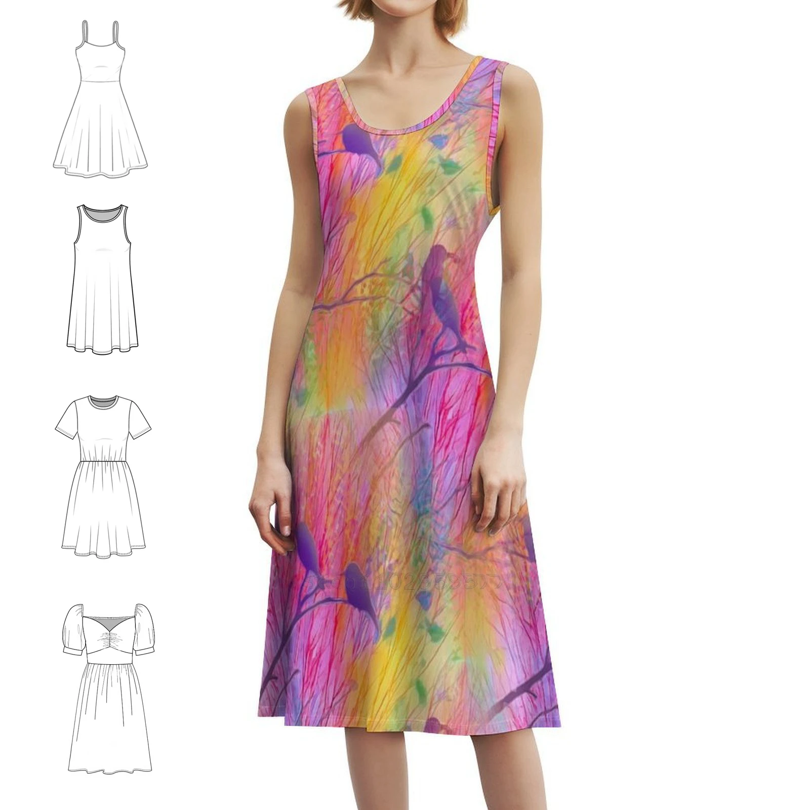 الطيور في بوش (فن المعيشة) فستان بفتحة عنق على شكل قلب فستان أنيق للحفلات الصيفية للنساء فن المعيشة المعاصر