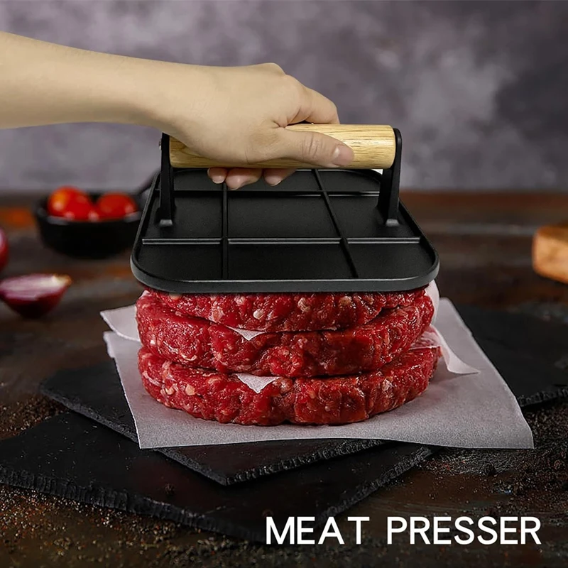 Meat Press With Wooden Handle 6In Square Burger Press Aluminum Hamburger Smasher Tool Use For Grill And Griddle Cooking