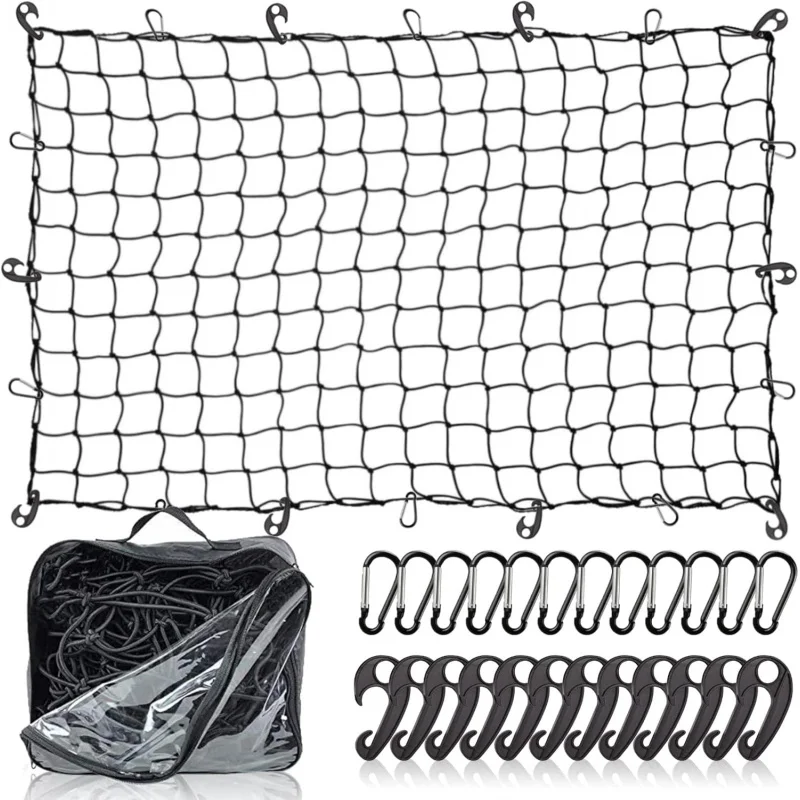 

Super Duty Latex Cargo Net 4x6ft Stretch to 8x12ft with 12 Hooks 12 Carabiners Tight 4x4in Mesh for Ford Dodge Chevy Toyota GMC