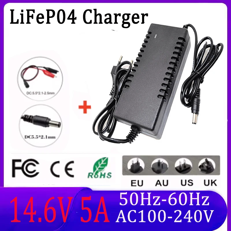 High power charger 14.6V 5A LiFePO4 intelligent charger 4S 12V 12.8V 14.4V to DC lithium iron high-power charger 100-240V univer