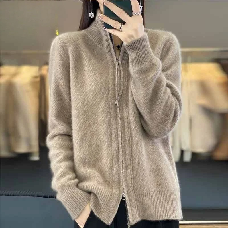 

Women's Models Fairy Autumn Winter Cardigan Knitted Sweater Pure Color Outwear Zipper Thickened Senior Soft Versatile Slim Trend