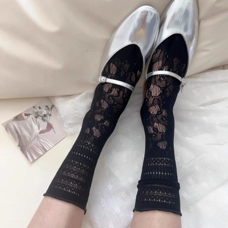New Black Jacquard Tabi Socks Women's Summer Hollowed Floral Pattern Split Toe Sock Lolita Cute Breathable Elastic Two-Toe Socks image 2