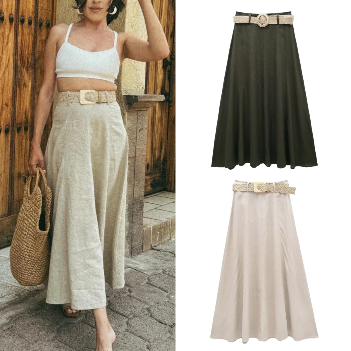 

TRAF midi length linen skirt women's skirt high waist long skirt belt elegant women's beach cape skirt series 2024 new summer