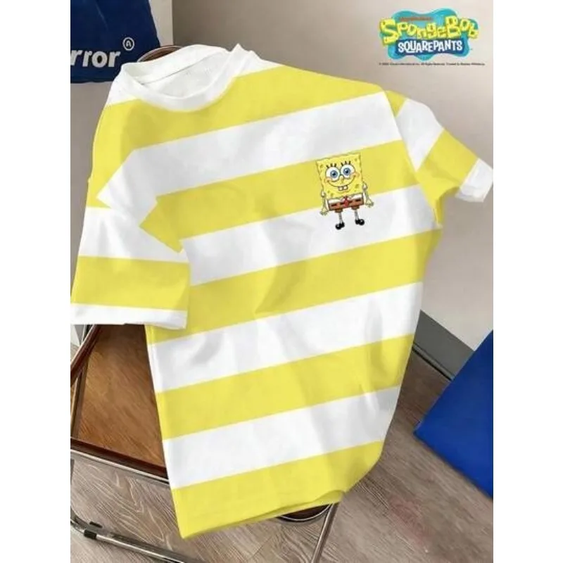 Camiseta de Verano de Manga Corta con Estampado de Bebé de Esponja a Rayas Amarillas y Blancas, Cuello Redondo Holgado, Estilo Casual para Parejas