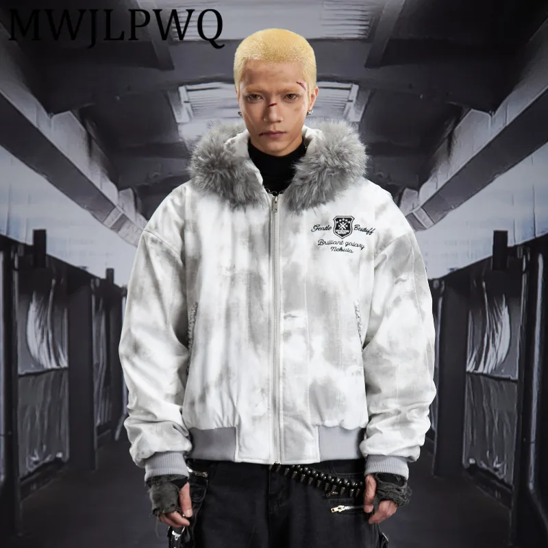 

MWJLPWQ Men's Dirty Dye Detachable Furry Hooded Cotton Coats Short Loose Padded Thickened Unisex Casual Tops 2025 Winter 12856