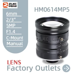 Camera Lens 6mm Wide-Angle F1.4 Large Aperture 2/3 Inch 5MP Low Distortion C Mount Lens for Machine Vision Industrial Camera