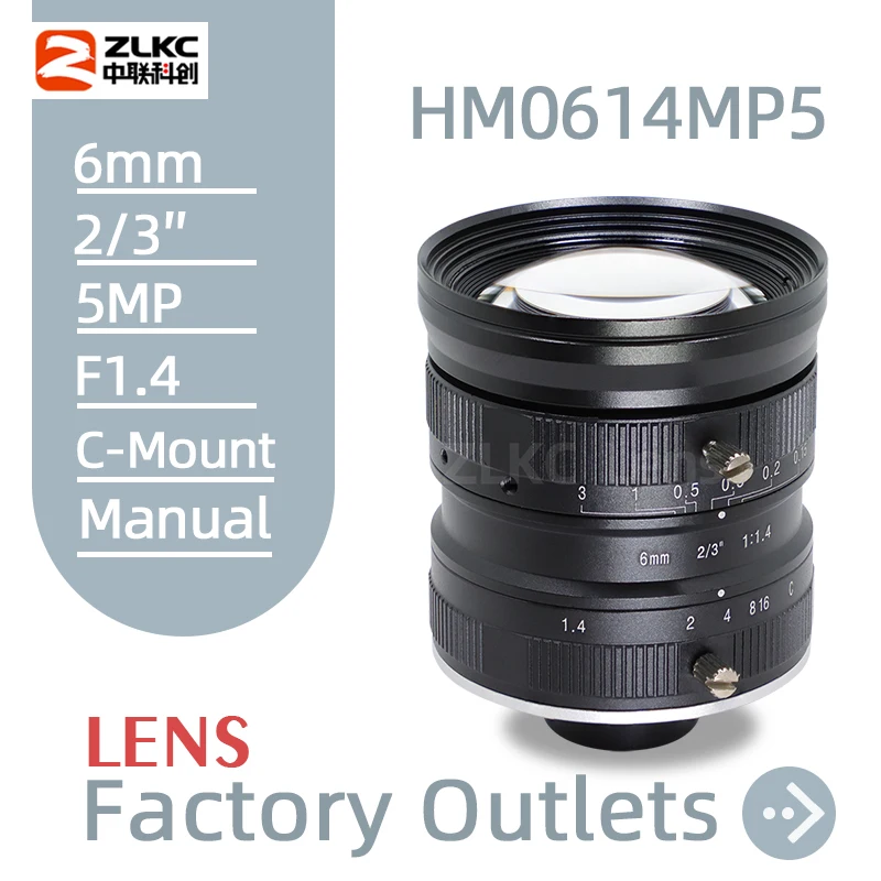 Obiektyw do kamery 6mm szerokokątny F1.4 z dużą przysłoną, 2/3 cala, 5MP, o niskim zniekształceniu, mocowanie C, do kamer przemysłowych i wizji maszynowej.