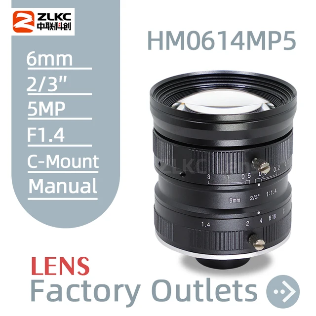 Obiektyw do kamery 6mm szerokokątny F1.4 z dużą przysłoną, 2/3 cala, 5MP, o niskim zniekształceniu, mocowanie C, do kamer przemysłowych i wizji maszynowej.