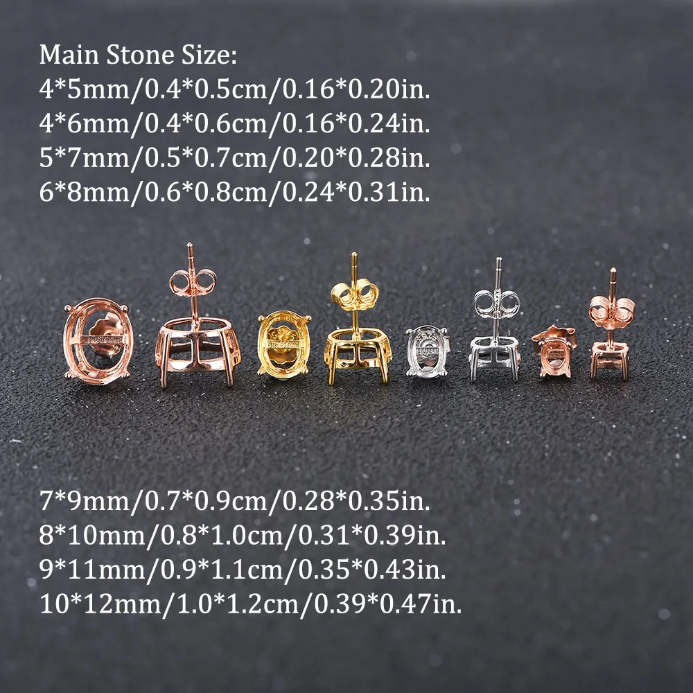 Oval 4-prong silvery Golden Rose golden color solid 925 sterling silver stud earring settings DIY jewelry supplies