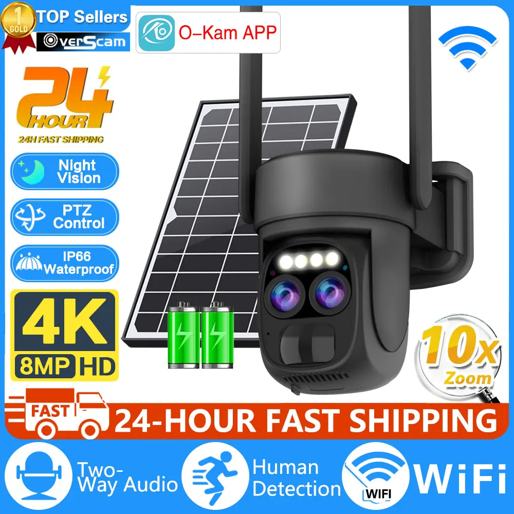 

10X Zoom Dual Lens WIFI Solar Cameras 8MP Wireless Surveillance PTZ Battery Camera 4K Color Night Vision Two Way Audio O-KAM APP