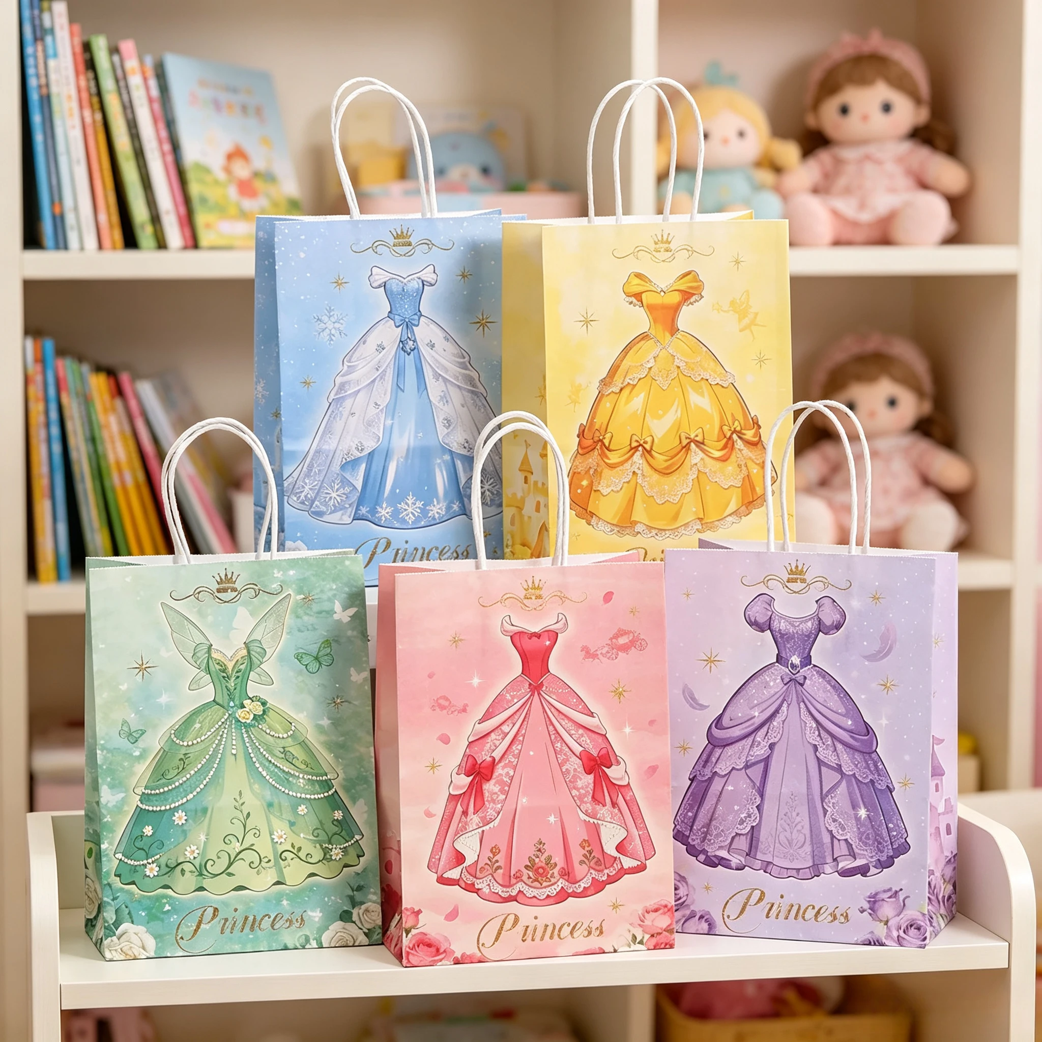 15pcs Gift Paper Bag Princess Dress Pattern Handheld Paper Bags With Handle For Themed Birthday Party Favor Supplies - view 2