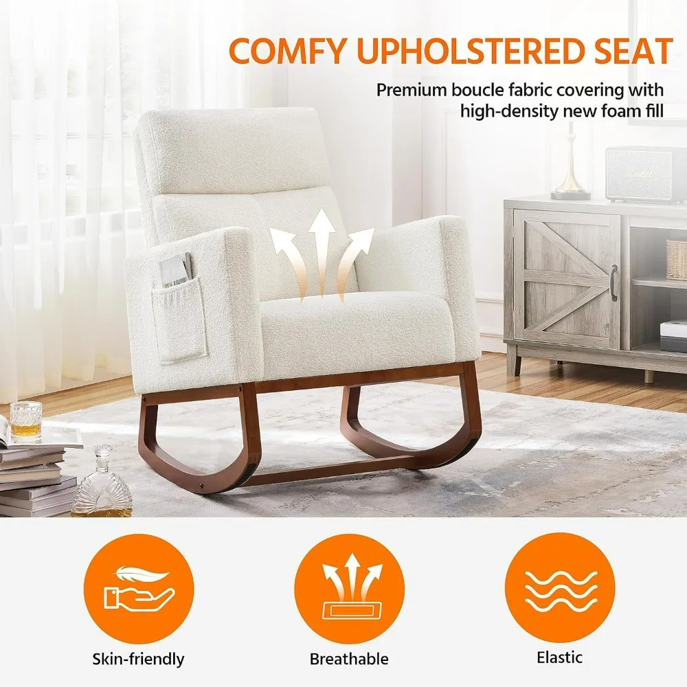 Upholstered Rocking Chair, Boucle Glider Chair Nursery Chair With High Back And Side Pocket, Rocking Accent Armchair W