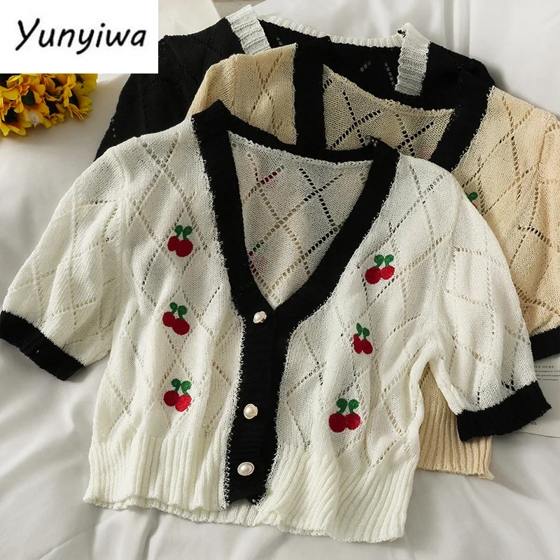 

Cardigan Women Cherry Embroidery Knitted Cropped Sweater Loose Vintage Coat Summer Thin Hollow Out Plaid Tops Mujer 95654