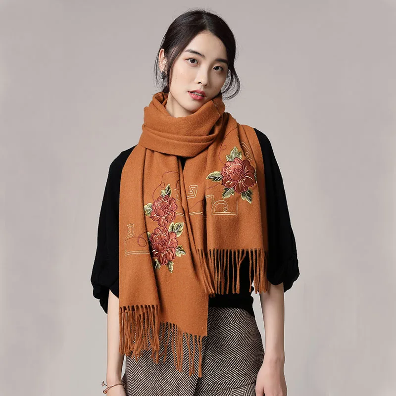 Scarf Women Luxury Ladies Wool Shawl Winter Embroidered Wrap Pashmina Autumn Chic Tassel Rectangular Apparel Accessories Clothes