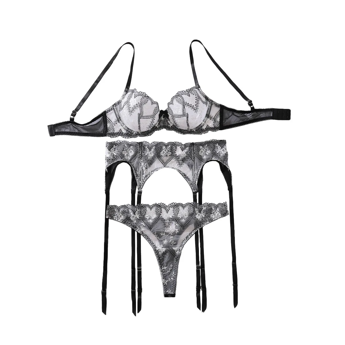 

Черно-белый одинаковый сексуальный интересный комплект в форме сердца, цветной контраст, прозрачная вышивка, формирующий комплект нижнего белья с тремя точками