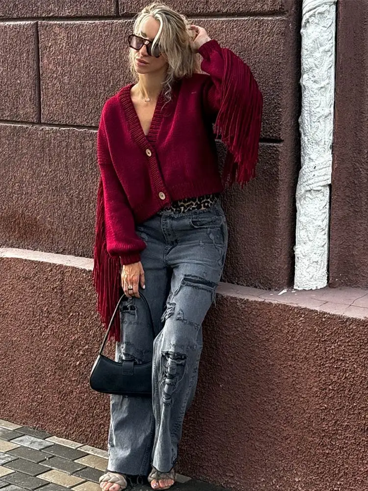 Women Fashion Red Tassels Knitted Cardigan V Neck Single Breasted Long Sleeve Sweater 2024 Autumn Female High Street Outerwear