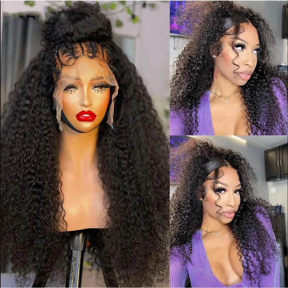 Soft Preplucked 26Inch Long Natural Black Kinky Curly 180Density Deep Lace Front Wig For African Women Babyhair Glueless Daily