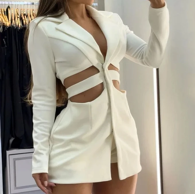 Elegant women's dresses solid color long sleeved suit dress V-neck hollow out elegant niche urban fashion Blazer Jacket dress