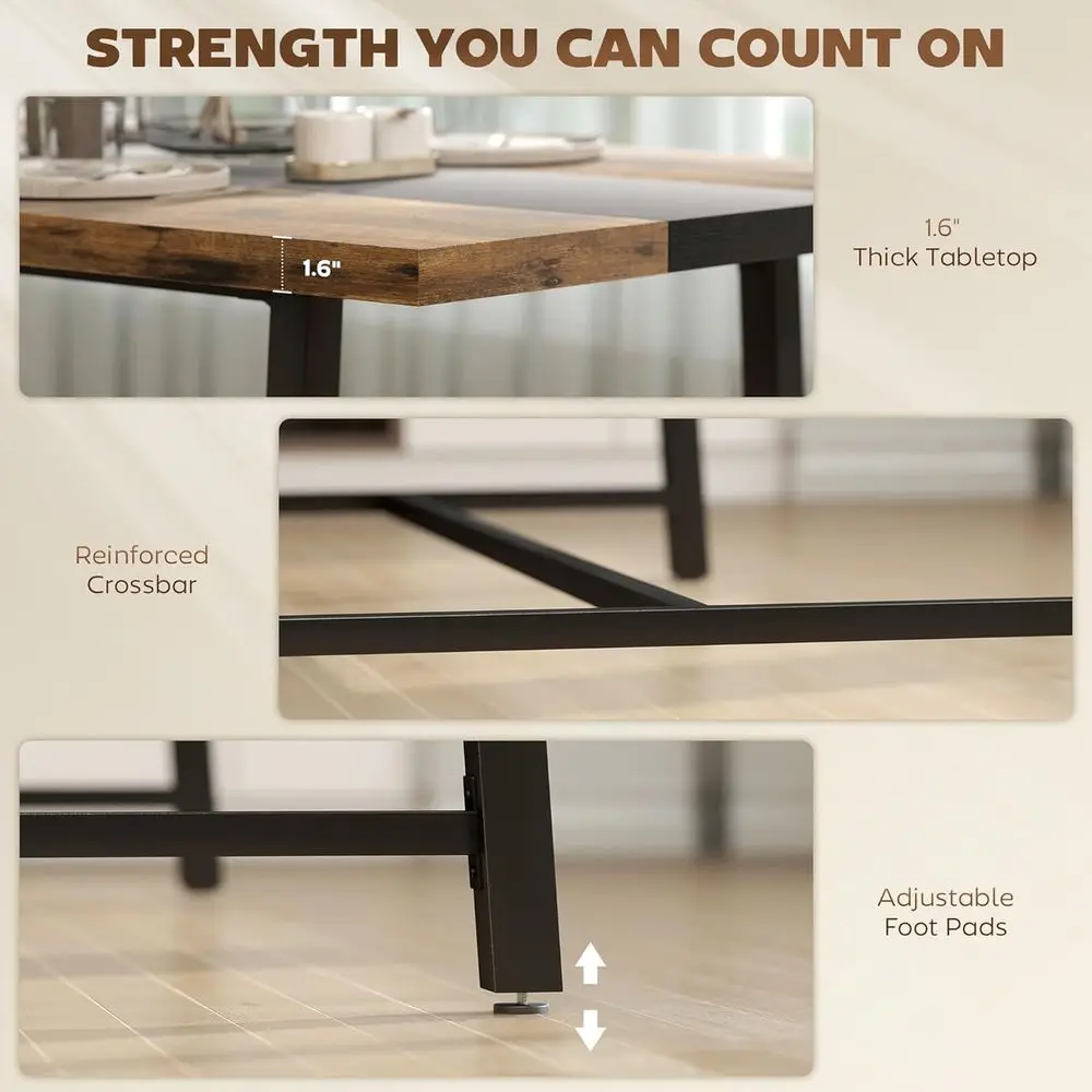 Mesa de jantar rústica marrom de 8 lugares, design retangular 70,9 com pernas de aço