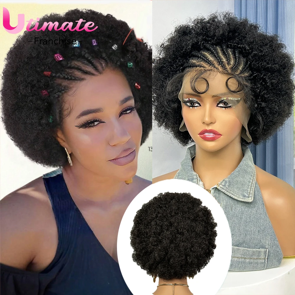 Short Synthetic Cornrow Braided Wigs 6 Inches Kinky Curly Afro Braided Wigs Lace Frontal Braiding Wigs for Women with Baby Hair