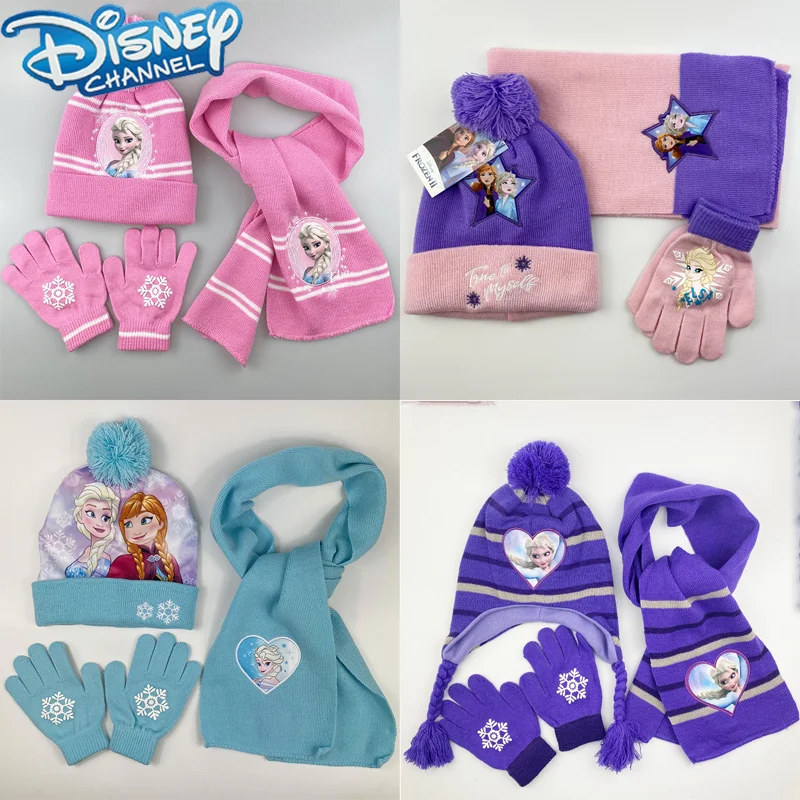 

Disney Frozen Knitted Three-piece Hat Academy Cartoon Elsa Gloves Scarf Hat Kids Cosplay Princess Winter Warm Set Kids Gifts