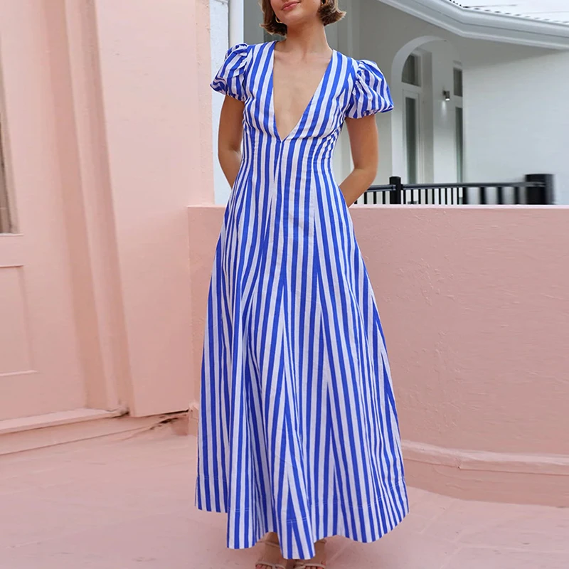 

Sexy Deep V Pocket Swing Party Dress Women's Casual Puff Sleeves High Waist Dress Fashion Stripe Printed Slim Long Dress Vestido