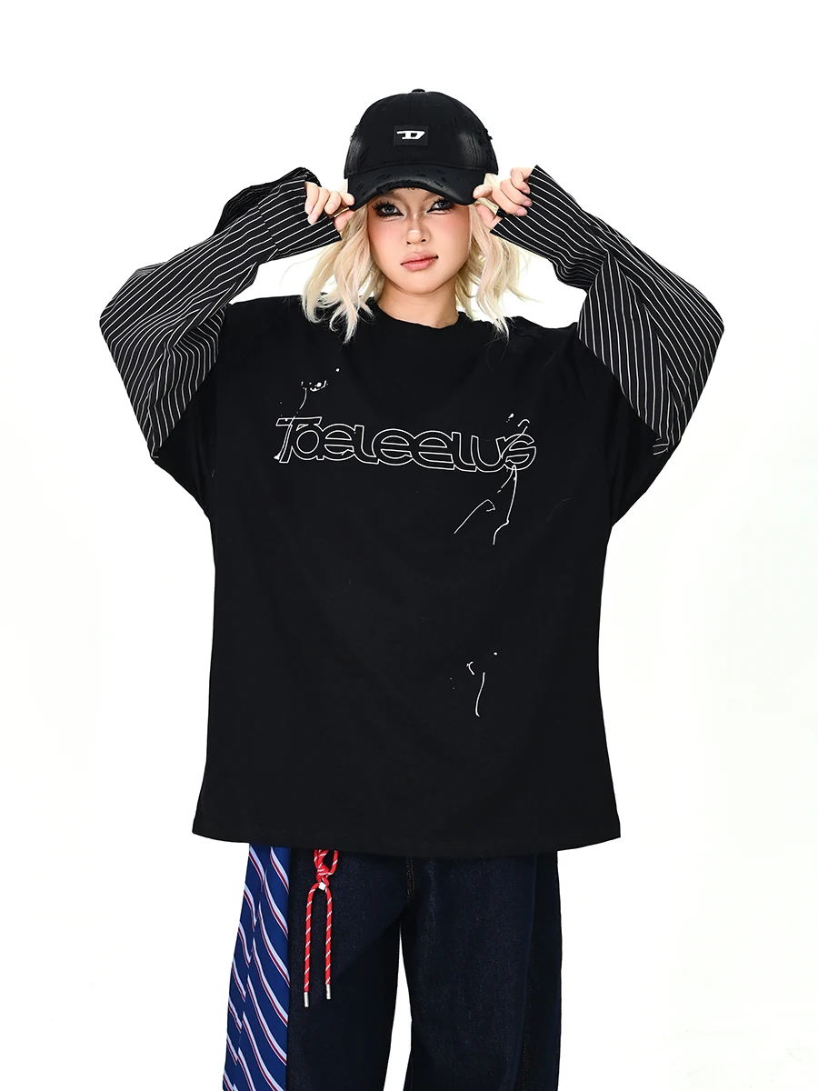 

Женская футболка оверсайз с длинным рукавом в уличном стиле, весна 2026, новинка, с полосками и буквенным принтом, повседневный американский топ в стиле бойфренд