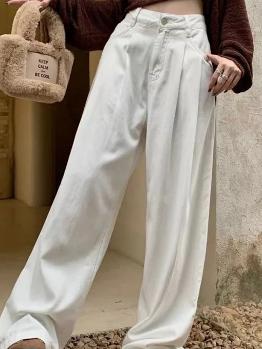 White Straight Leg Jeans Women plus Size Loose Wide Leg Floor Length Pants Autumn New Style Slimming Casual Denim Jeans
