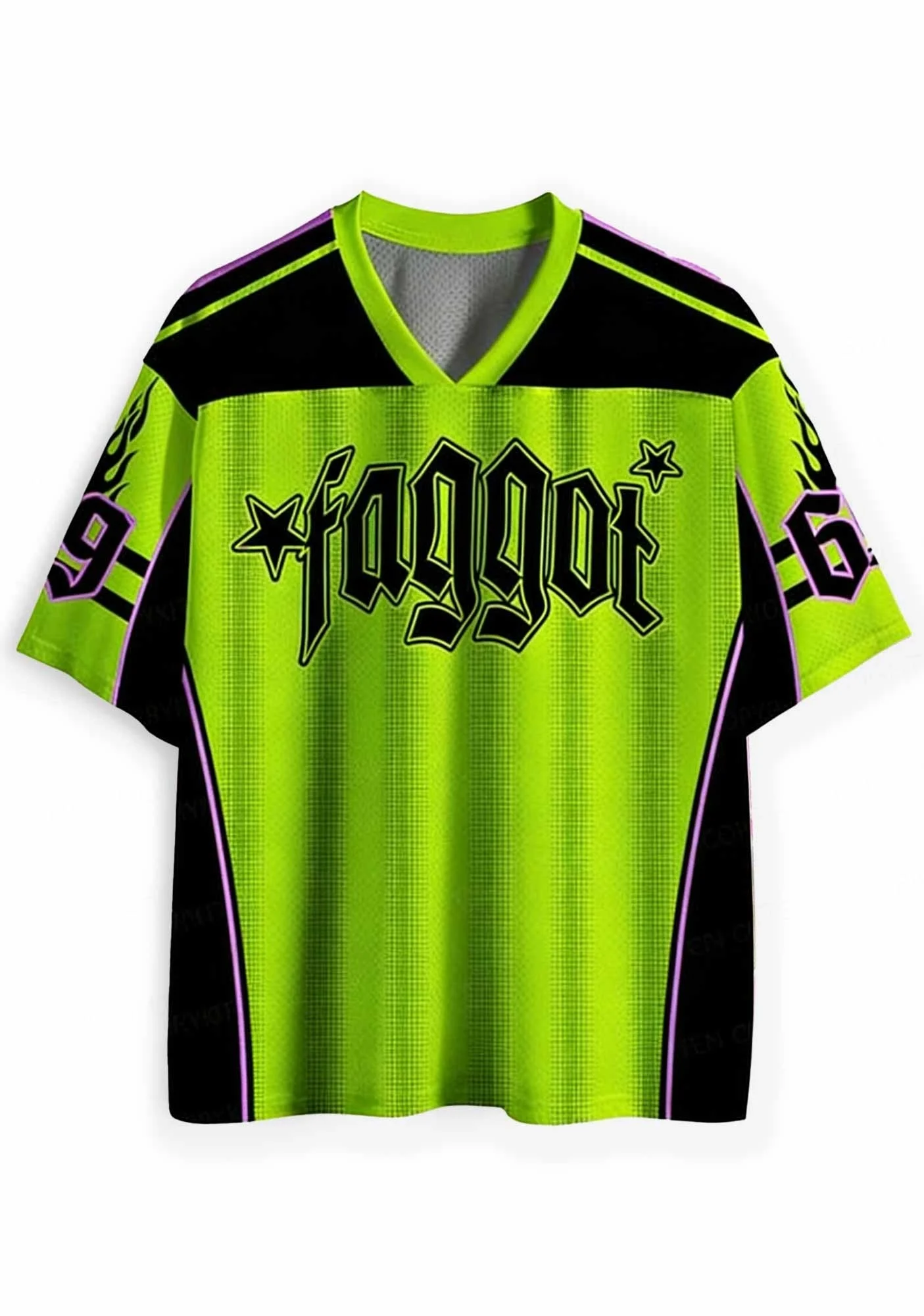 Y2K Millennium Wind GOD's FAVORITE FAG Letter Printed Mesh T-shirt Lightning Star Loose V-neck Jersey