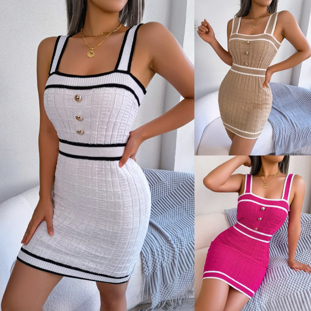 INS Style Women's Knit Dress Fashion Casual Button Color-Block Waist Slimming Sexy Spaghetti Strap Bodycon Mini Dress