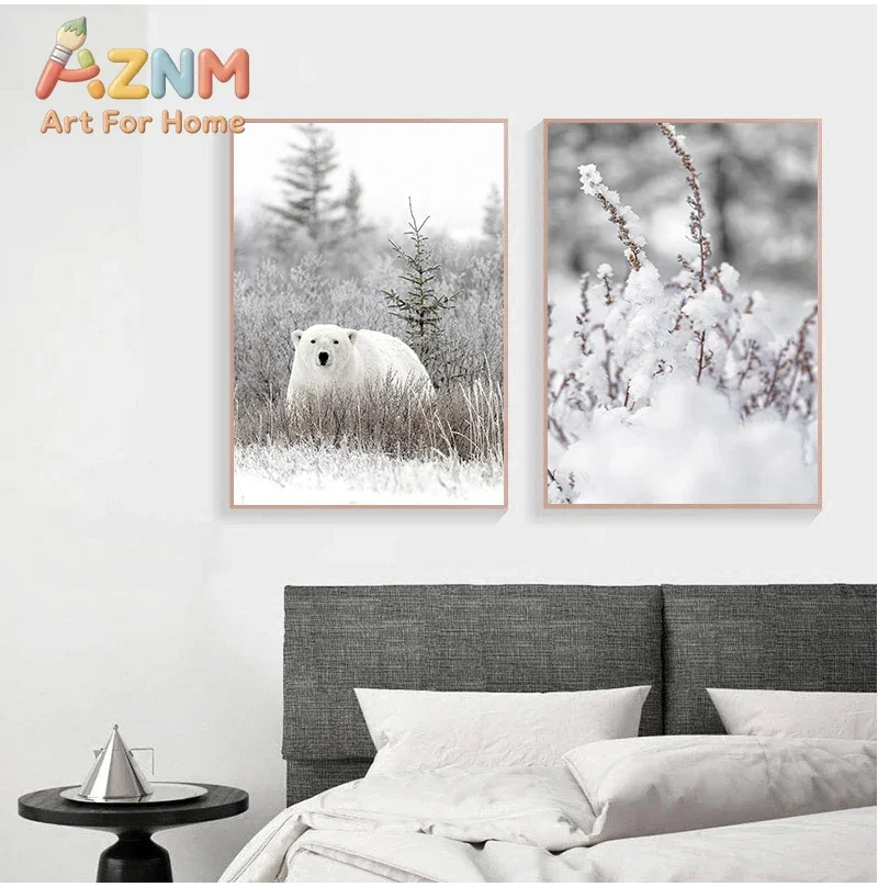 AZNM Winter Forest Animal Canvas Wall Art, Moose Deer Ibex Snowy Wilderness Landscape Print, Rustic Nature Cabin Poster, Unframe