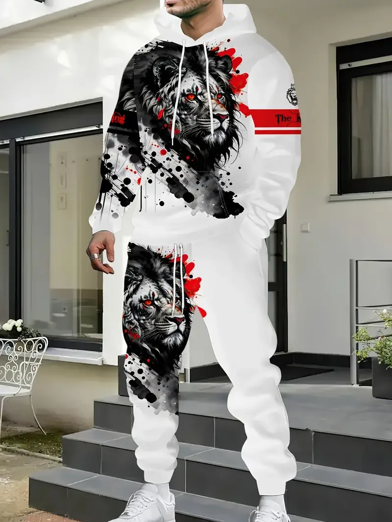 New Lion King Pattern Men's Hoodies Set 3d Printed Animal Clothing long Sleeves+ pants  2-pcs Casual Fashion Tracksuits