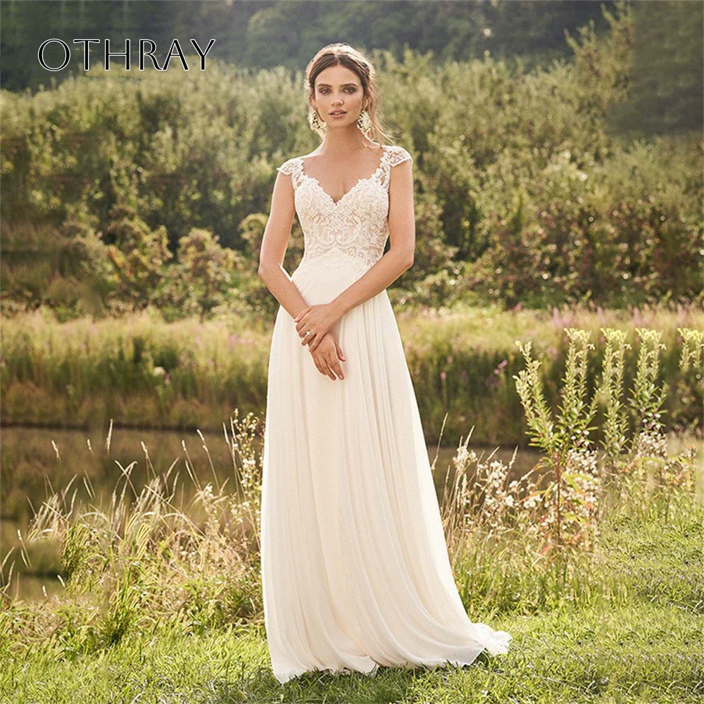 Lace A-line Wedding Bridal Gown Cap Sleeves Chiffon Sweep Train Buttons Pleated Customized Vestidos De Novia