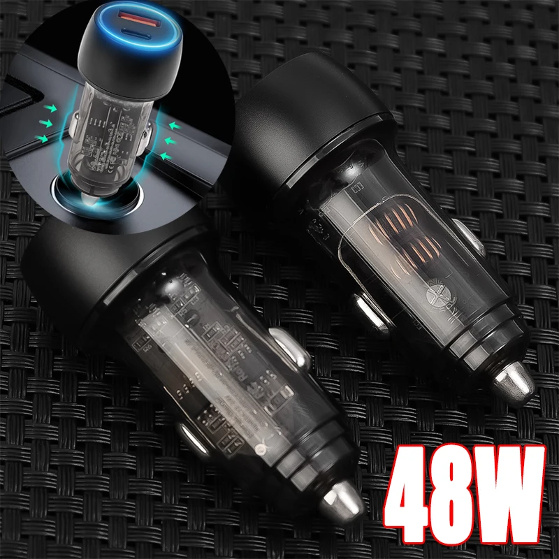 

TYPE-C USB-A Dual Interface Car Charger 48W Super Fast Charging Transparent Charger Suitable for Mobile Phone Tablets PC