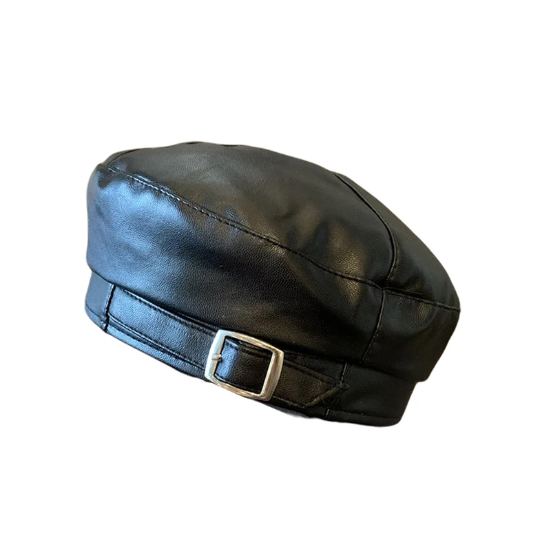 PU Leather Beret Female Spring and Autumn Style British Retro Iron Button Painter Cap Korean Style All-Matching Octagonal Hat