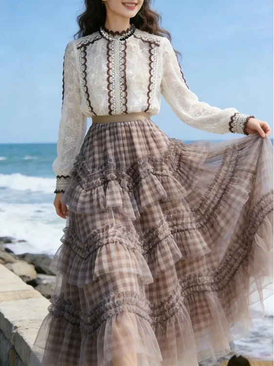 Loose A-Line Skirt Women's High Waist Cake Style Half-length Polyester Gauze Asymmetrical Vintage Spring Fashion Skirts
