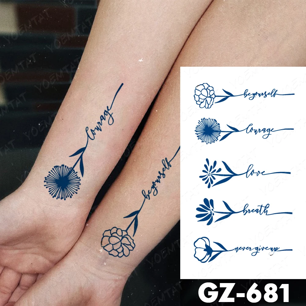 Waterproof Temporary Tattoo Sticker Flower English Arm Juice Lasting Ink Semi-Permanent Body Art Genipin Herbal Fake Tattoos