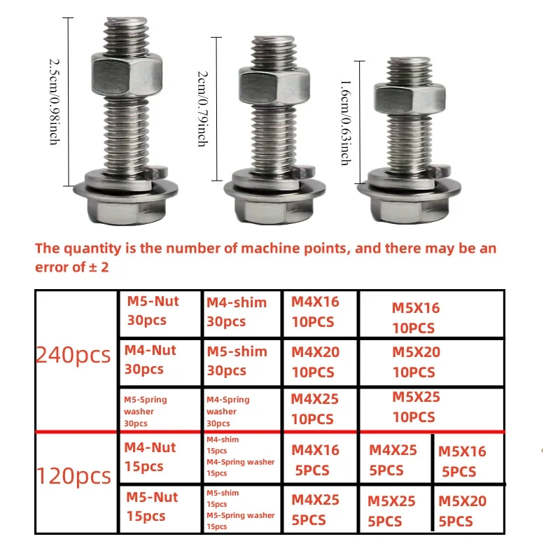 120/240-Piece Stainless Steel Hexagon Bolt and Nut Set - Durable, Corrosion Resistant, M4/M5 Size