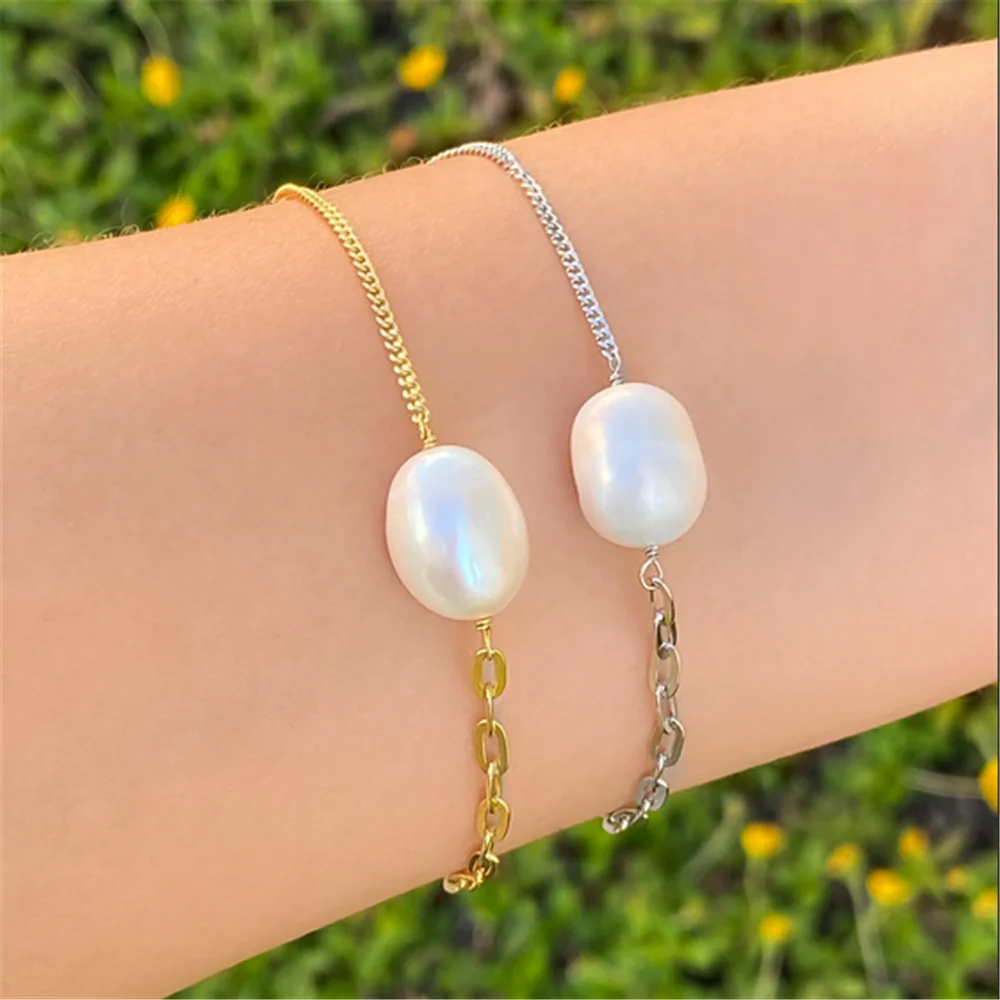 CANNER Thick/Thin Chain Splicing Irregular Pearl Bracelet S925 Sterling Silver Simple Fashion Personality Bracelet Women Gift