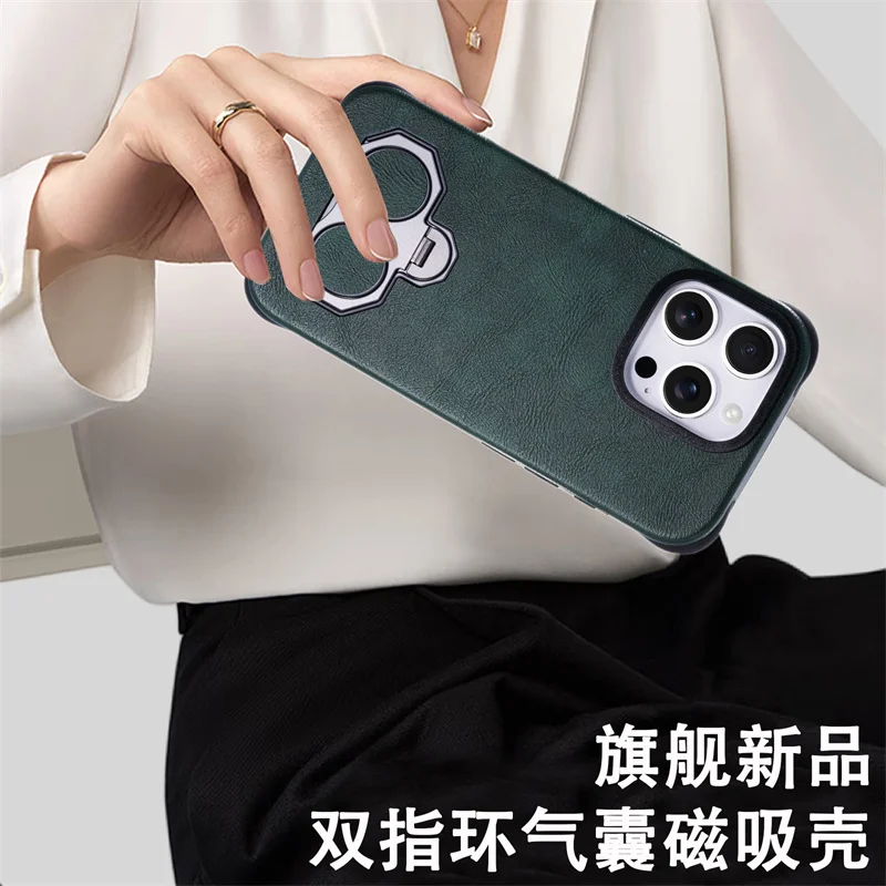 Магнитный вращающийся кронштейн с двойным кольцом, чехол для телефона из искусственной кожи для iPhone 16E 13 14 15 16 Pro Max Magsafe, противоударный чехол с подушкой безопасности