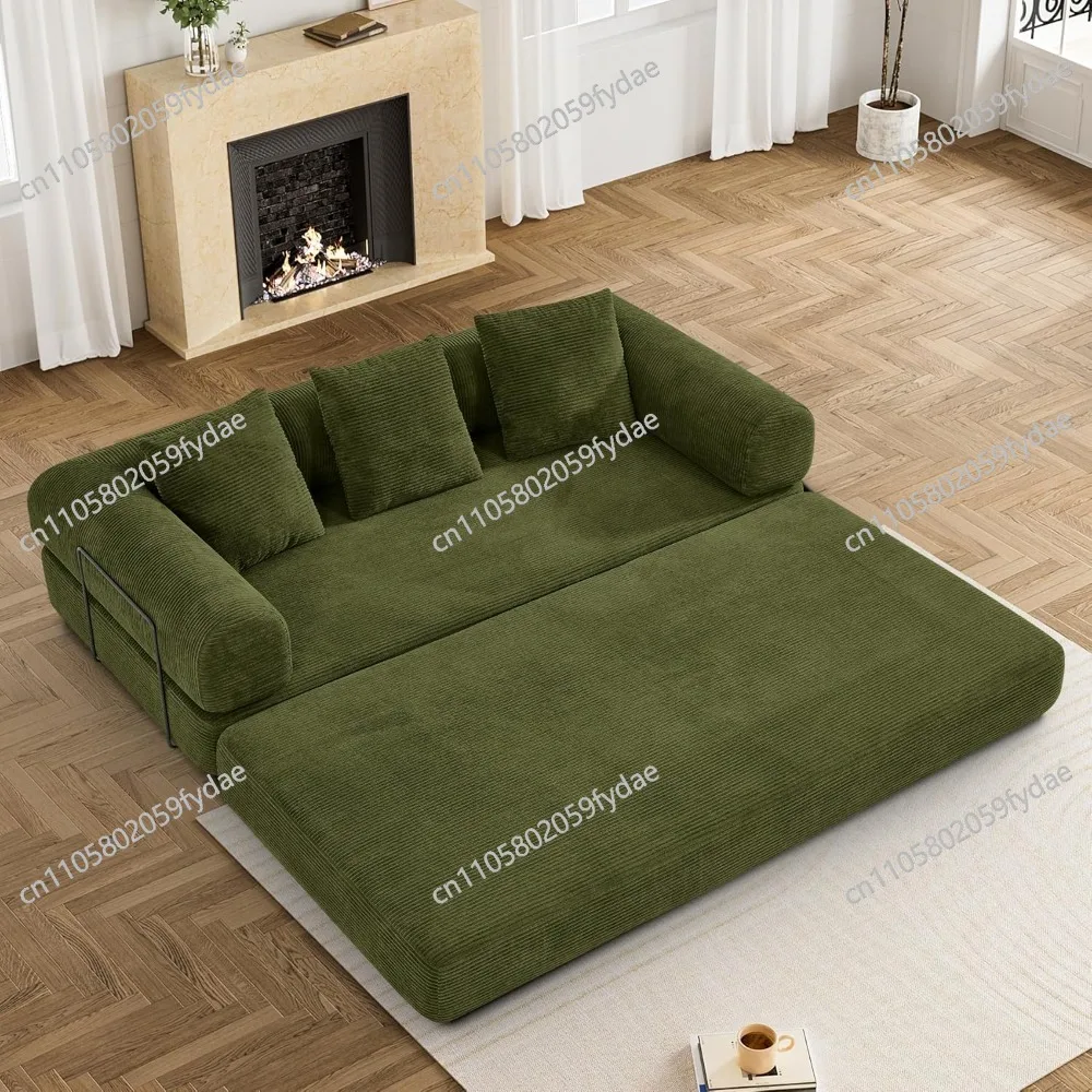 Sleeper Sofa Bed with Cylindrical Pillow, Corduroy Folding Mattress Couch with Fixed-Shape Frame, Modular Floor Sofa