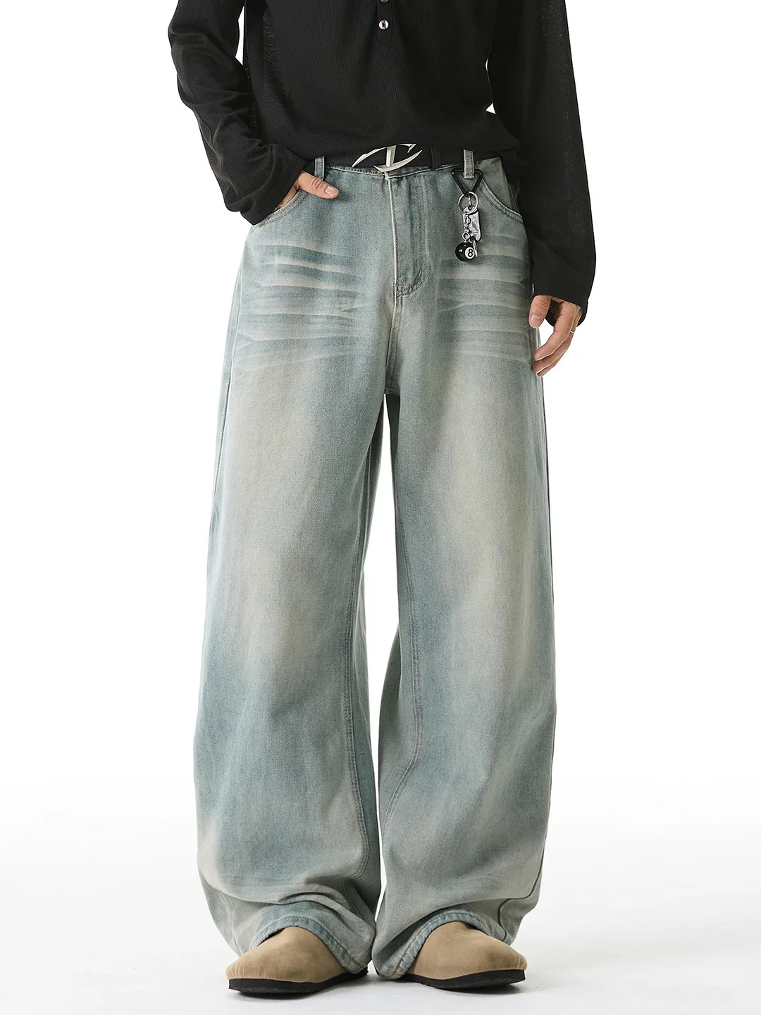 

Ретро джинсы 3D с эффектом потертости, осенние, в американском уличном стиле, свободные прямые брюки для молодых мужчин, повседневная одежда