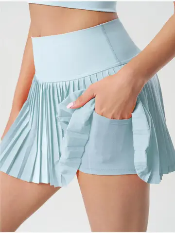 새로운 여성 스포츠 테니스 Skorts 높은 허리 스타킹 요가 테니스 반바지 스커트와 주머니 솔리드 Pleated 미니 스커트 Anti-Exhaust