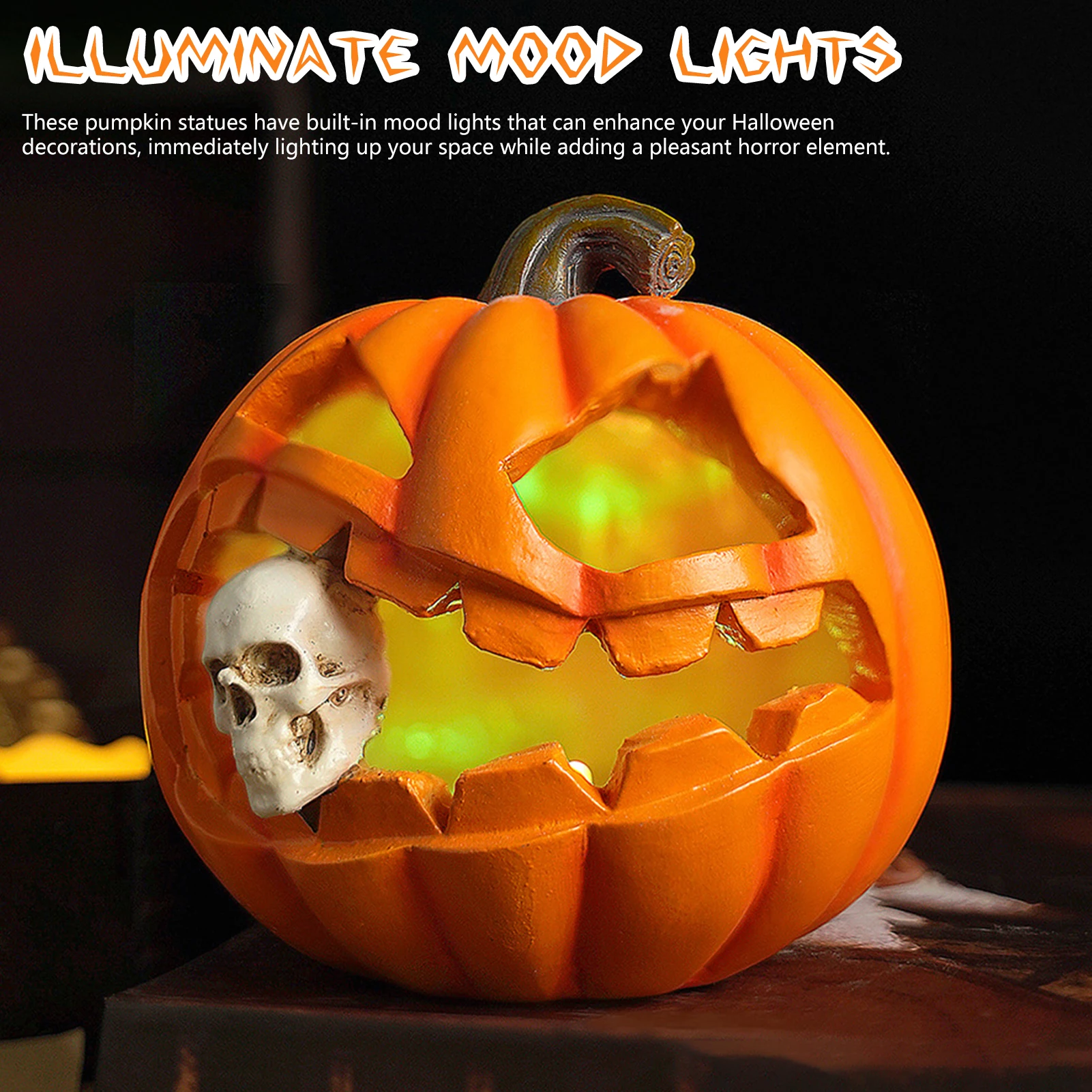 

Halloween Desktop Decor Pumpkin Luminous Skull Evil Pumpkin Ornament Vintage Resin Pumpkin Sculpture Party Decoration Props