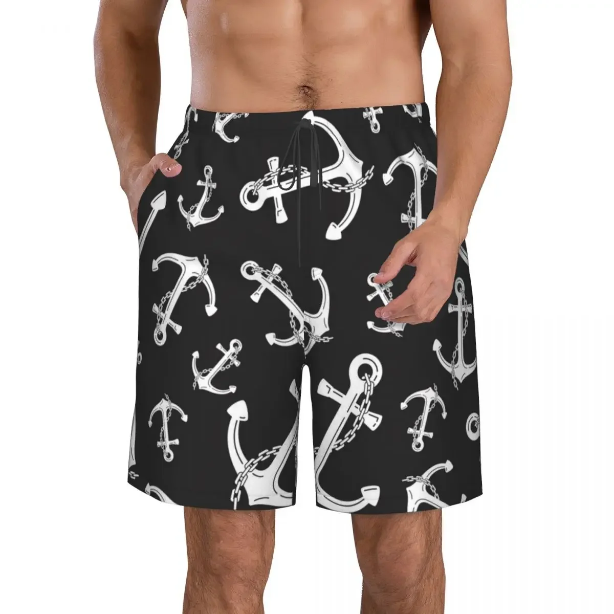 Men's Beach Short Swim Shorts Nautical Maritime Anchor Tropical Boat Ancla Pattern Surfing Sport Board Shorts Swimwear