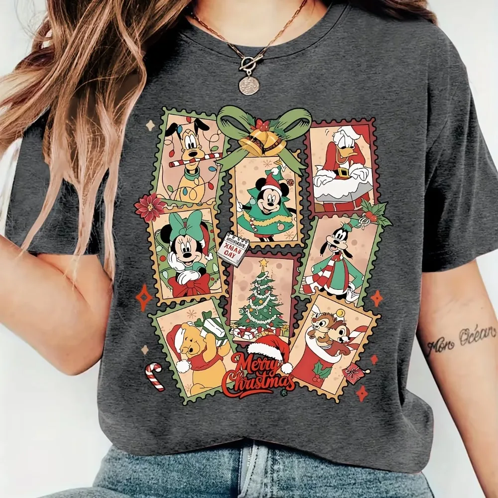 レディース ディズニー ヴィンテージ ミッキー＆ミニー マウス グーフィー ドナルドダック クリスマス Tシャツ 快適で通気性があり、柔らかいコットン